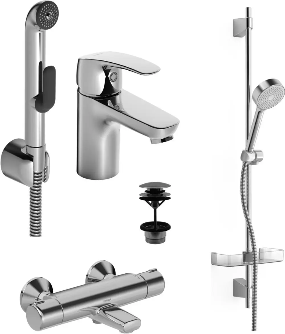 Set von Badezimmerarmaturen in Chrom-Optik, bestehend aus einer Mischbatterie, einem Handbrausekopf, einer flexiblen Schlauchleitung und einem Duschsystem, Marke HANSA.